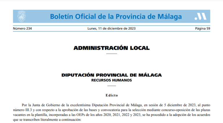 Diputación Provincial de Málaga: publicadas en el BOP 53 plazas de auxiliar administrativo, 21 de Abogados, 2 de Técnico de Administración General,  10 de economista, 4 de Técnico Medio de Gestión, entre otras.