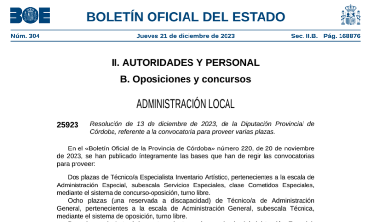 Diputación Provincial de Córdoba: publicadas en el BOP de 19/12/2023: 8 plazas de  Técnico/a de Administración General, 2 de Letrado/a, 2 de Técnico de Administración General, entre otras.