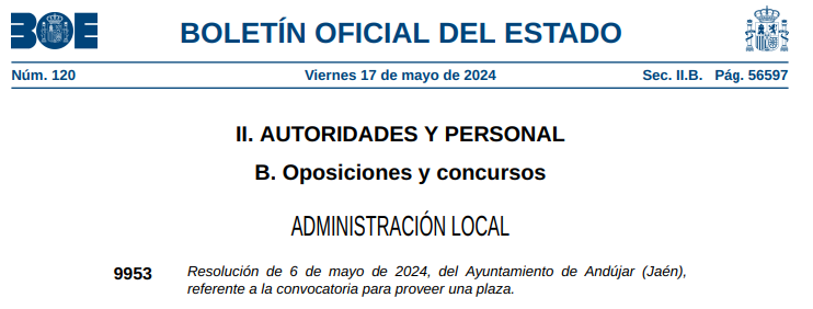 Publicación en BOE de 17 de mayo de 2024 de una plaza de Técnico de Administración General.