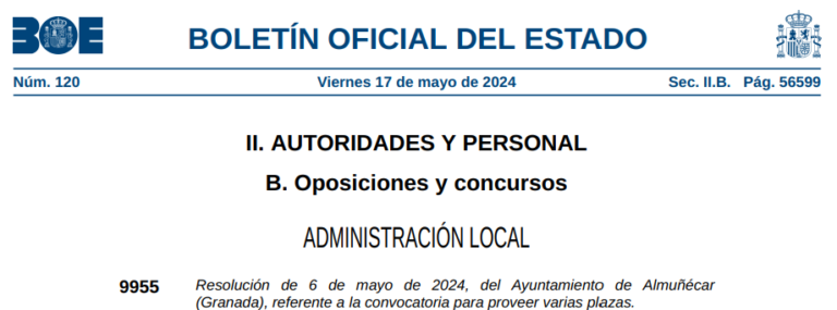 Publicación en BOE de 17 de mayo de 2024 de 5 plaza de Administrativo del Ayuntamiento de Almuñécar