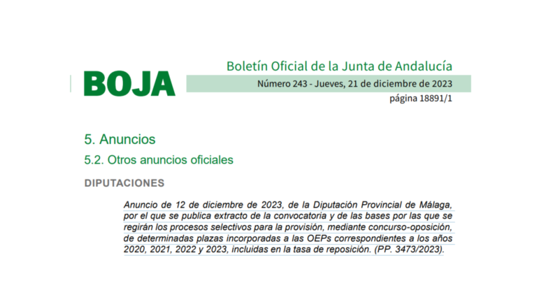 Diputación Provincial de Málaga: publicadas en el BOJA de 21/12/2023: 28 plazas de  administrativo, 2 de Abogados, 2 de Técnico de Administración General,  2 de auxiliar administrativo, 1 de Técnico Medio de Gestión, entre otras.