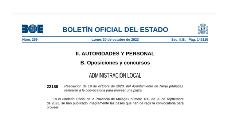 Abierto el plazo para 2 plazas de Auxiliares Administrativos y 1 plaza de Técnico de Gestión del Ayuntamiento de Nerja